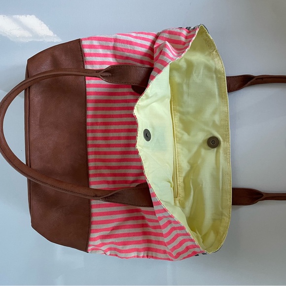 O’Neill 2-Way Canvas & Leather Tote Bag - Pink Stripe or Grey/Blue Stripe - Picture 3 of 11